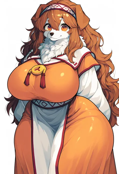 Female anime-style canine , ( giant breasts garments) ( very wide hips gigantic butt)   very long and giant legs  , In the old orange dress,  long droopy ears , drooping ears, closed snout , a headband on the head (( hairy, dog))