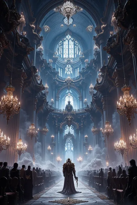  The inside of the mysterious, glittering, and beautiful ancient cathedral in fantasy is a three-story complex structure with an intricate three-story walkway、 Luxurious Chandeliers、 delusional believers in the devil worshiping statue、An image of a mass be...