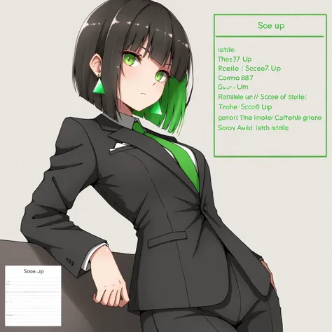 masterpiece, (((( best quality )))),character profilele,shiny skin, wearing a suit,, dark hair, short bob hair,The inner color of the hair is green, green eyes,isosceles triangle earrings,