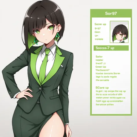 masterpiece, (((( best quality )))),character profilele,shiny skin, wearing a suit,, dark hair, short bob hair,The inner color of the hair is green, green eyes,isosceles triangle earrings,