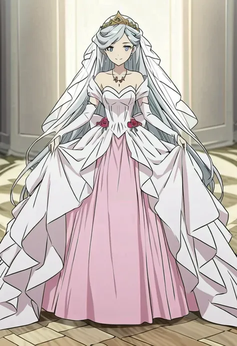 ((Best quality)),((Ultra-detailed)),((illustration)),((frilld)),(1 girl),(Solo),1girl,asymmetrical bangs,  solo, rating:safe, wedding, bare_shoulders, breasts, bridal_gauntlets, bridal_veil, cleavage, clothing, crown, curtsey, dress, drop_earrings, earring...