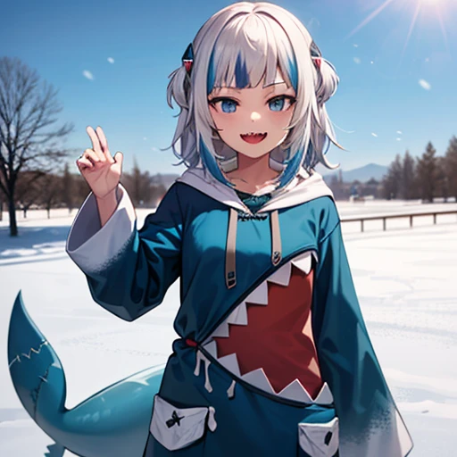 score_9, score_6_up, source_anime, 1girl, solo, cowboy shot, outdoors, snow, gawr gura, blue hoodie, shark hood, shark tail, sharp teeth, smile, tall, adult, AutismMix_pony