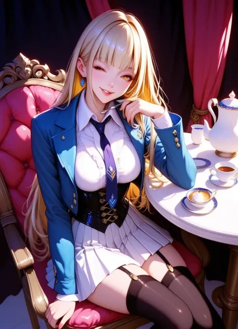 masterpiece, best quality, 1girl, solo, sdoriana, blonde hair, very long hair, drill hair, blunt bangs, yellow eyes, dark blue jacket, cropped jacket, long sleeves, dark blue necktie, white shirt, corset, white skirt, pleated skirt, black thighhighs, sitti...