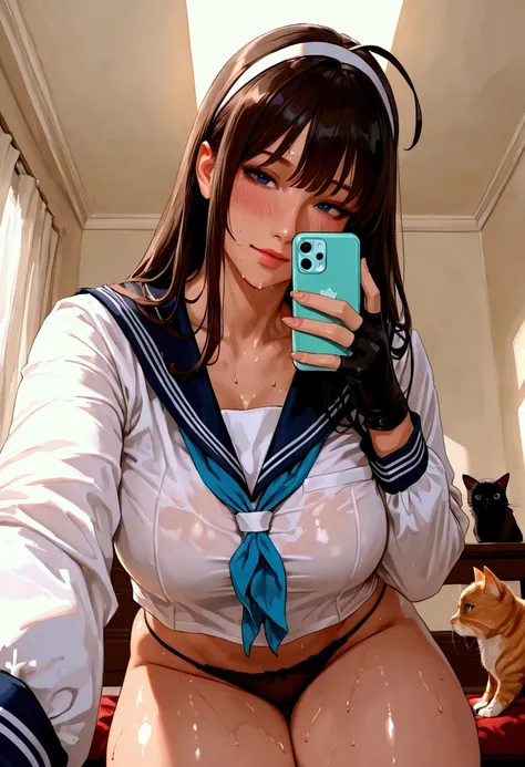  1 Female, high definition , High resolution, ultra-realistic,8k,,  long hair,  hairband , uniforme escolar,  sailor uniform ,  white shirt, ahoge,  separated fringe , Waist,  long sleeves,  sailor collar , fingerless gloves, black panties ,europeu,Sensual...