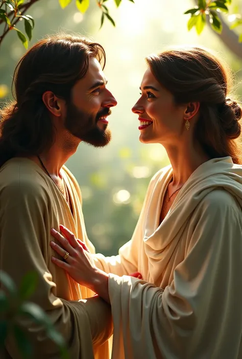 Christian woman talking to Jesus dressed in white