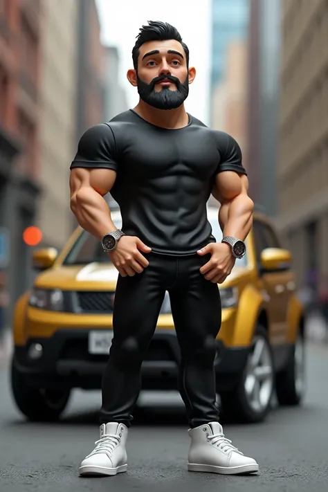  Create funko pop men's, beard on the jaw, delgado,  something muscular ,  a watch on the left hand,  black t-shirt ,  black pants , white tennis shoes, recharged in Suzuki grand vitara 2009 gold color, with white rims, in a background in the middle of the...