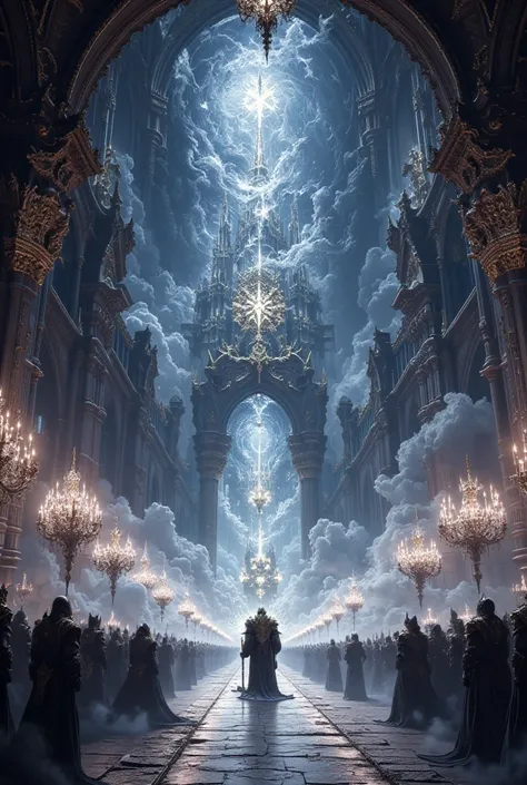 Inside the mystical, glittering, and beautiful giant ancient cathedral of fantasy, it is a three-story complex structure with a walkway(A scene where they are preaching in front of Priest, who has white light armor, a cloak, and a crystal cane) Luxurious C...