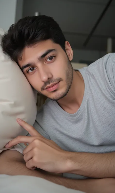 very handsome young turkish guy with muscle, dark short hair fade and goatee selfie and  he is in bed his head is on pillow he wearing a tshirt and looks left pose selfie amateur photo selfie taper fade 