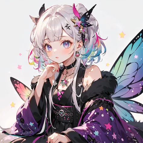  best detail、  in the seat，，Blink， （  the hair color is milky white and the tips of the fur are blue）、  cutest girl in the world   ， Wear a colorful and cute goth kimono costume  ,Shoulders are exposed、 star fairy , Wear a colorful and cute goth kimono cos...