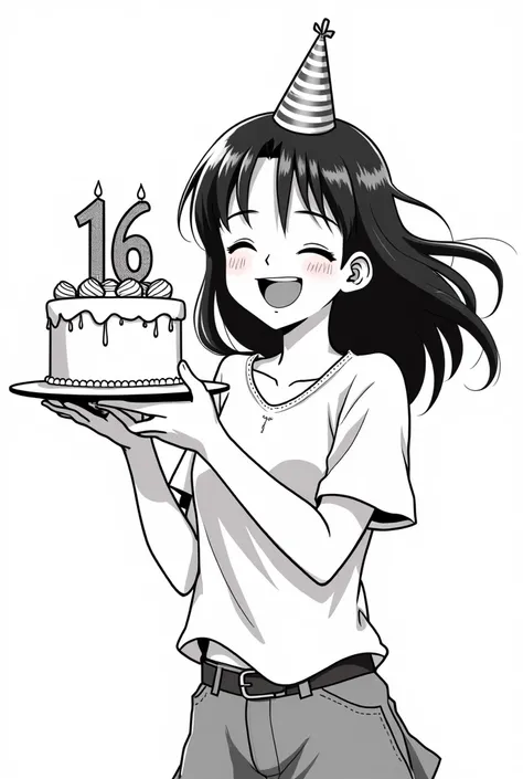 Create an illustration (teenage girl celebrating her own 16th birthday, black hair, holding a cake, with the number 16) anime manga style, black and white