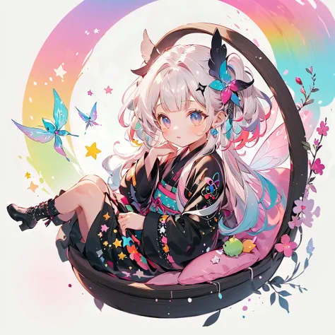  best detail、  in the seat，，Blink， （  the hair color is milky white and the tips of the fur are blue）、  cutest girl in the world   ， Wear a colorful and cute goth kimono costume  ,Shoulders are exposed、 star fairy , Wear a colorful and cute goth kimono cos...