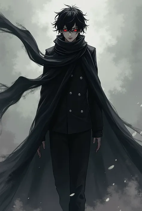 ął'Mort , a boy in hell who wears a thin and sophisticated two-point black scarf ,  that flies in the wind and a death-like cloak that is also sophisticated and elegant.  Do it in the style of Manhwa features  "The teleportation genius "  seen in full body...