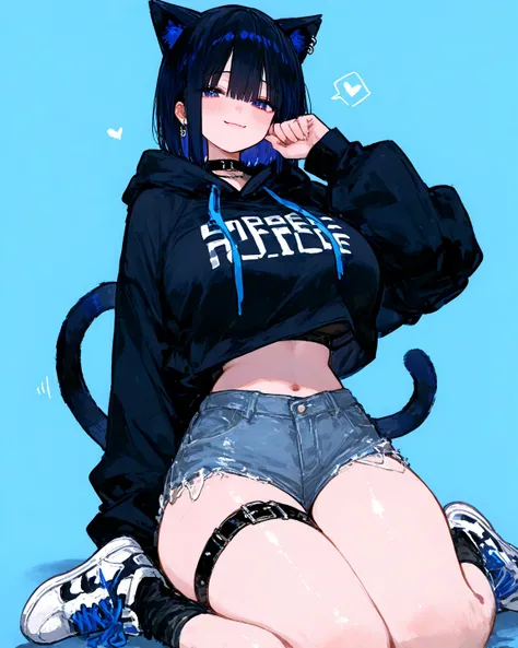   8k wallpaper、   top quality    、 Masterpiece、       top quality、  high detail、  748cm style       、    1 female、 Black Hoodie 、Cat ears、  black tulle top  、   black choker 、 earrings、  shorts、 thigh straps、  sneakers、 Cat&#39;s tail、 blue eyes,     black...