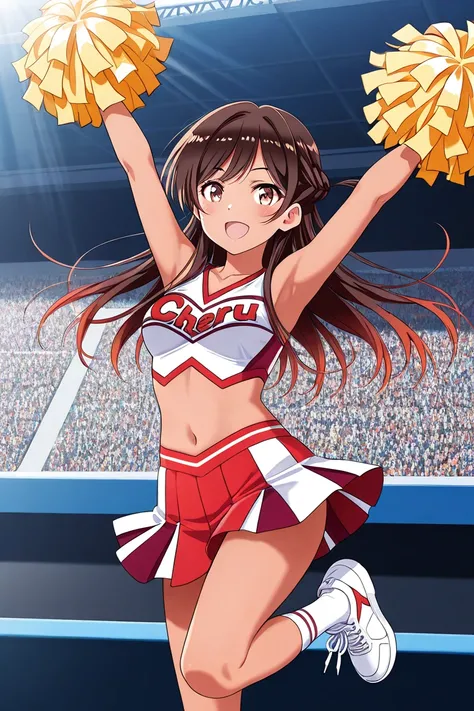 ((mizuhara chizuru, chizuru face)), 1girl, fashion model, tall stature, shoes: white sneakers with red accents, socks: white ankle socks, skirt: red pleated cheerleader skirt with white stripes, top: white sleeveless cheerleader top with red and blue strip...