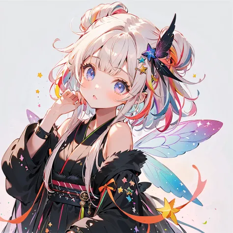  best detail、  in the seat，，Blink， （  the hair color is milky white and the tips of the fur are blue）、  cutest girl in the world   ， Wear a colorful and cute goth kimono costume  ,Shoulders are exposed、 star fairy , Wear a colorful and cute goth kimono cos...