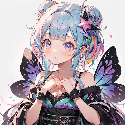  best detail、  in the seat，，Blink， （  the hair color is milky white and the tips of the fur are blue）、  cutest girl in the world   ， Wear a colorful and cute goth kimono costume  ,Shoulders are exposed、 star fairy , Wear a colorful and cute goth kimono cos...