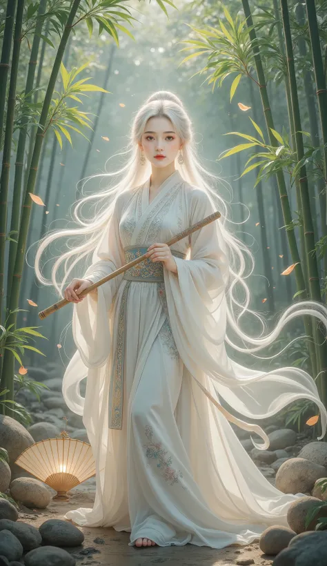 A beautiful girl in a bamboo forest, bamboo leaves falling softly, hazy atmosphere, long white hair, wearing a graceful white hanfu, alluring and elegant, holding a traditional oil-paper umbrella, carrying a lantern, holding a delicate folding fan, playing...