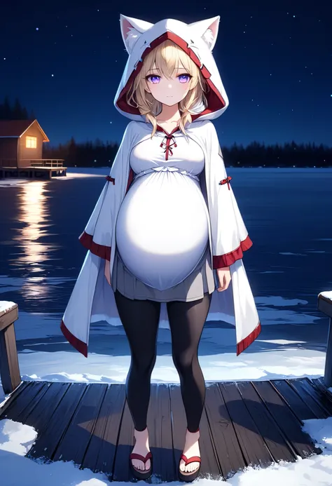 High Resolution, High Quality, High Detail, frozen dock, night, 1girl, blonde hair, violet eyes, medium breasts, white cat hood, white cloak, white camisole with red trim, grey skirt, black leggings, sandals, looking at viewer, arms behind back, pregnant