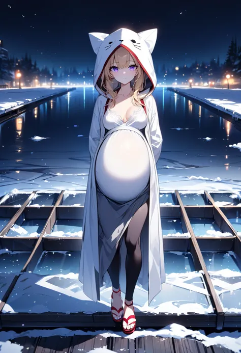 High Resolution, High Quality, High Detail, frozen dock, night, 1girl, blonde hair, violet eyes, medium breasts, white cat hood, white cloak, white camisole with red trim, grey skirt, black leggings, sandals, looking at viewer, arms behind back, pregnant