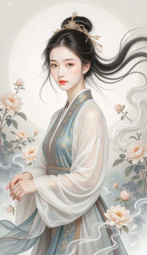(Blind cool beautiful girl wearing white),Flowing sleeves,watery big eyes,Beautiful face and smooth fair skin,s delicate face,Flowing black hair,An ancient Chinese beauty,wearing ancient Chinese costume,Flowing tulle,Light shades,Light color,(clean backdro...