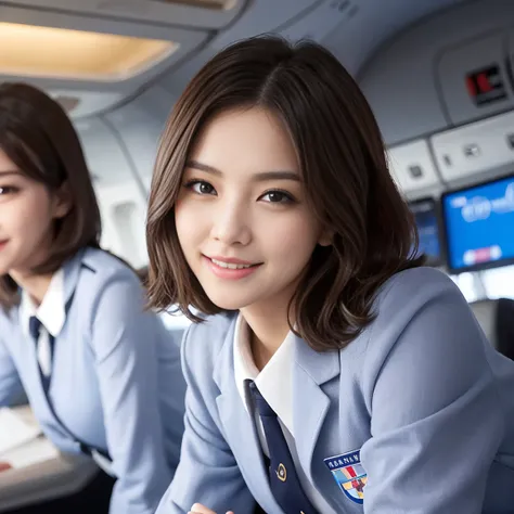  A beautiful American woman who should be depicted wearing an airline stewardess uniform,、Random pose scene 。 She has a charming smile 、 keep staring at us 。 hairstyle and hair color are randomly set .、 short hair、 long hair、 long wavy hair 、 bob hair、 bla...