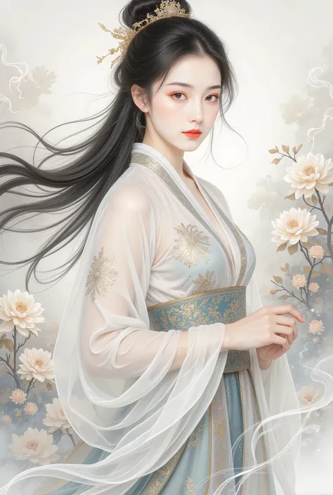 (Blind cool beautiful girl wearing white),Flowing sleeves,watery big eyes,Beautiful face and smooth fair skin,s delicate face,Flowing black hair,An ancient Chinese beauty,wearing ancient Chinese costume,Flowing tulle,Light shades,Light color,(clean backdro...