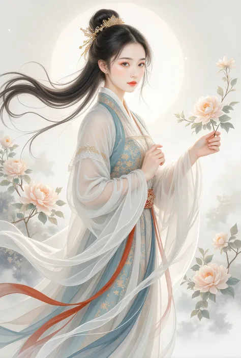 (Blind cool beautiful girl wearing white),Flowing sleeves,watery big eyes,Beautiful face and smooth fair skin,s delicate face,Flowing black hair,An ancient Chinese beauty,wearing ancient Chinese costume,Flowing tulle,Light shades,Light color,(clean backdro...