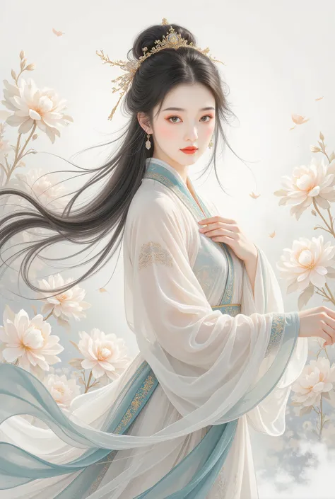 (Blind cool beautiful girl wearing white),Flowing sleeves,watery big eyes,Beautiful face and smooth fair skin,s delicate face,Flowing black hair,An ancient Chinese beauty,wearing ancient Chinese costume,Flowing tulle,Light shades,Light color,(clean backdro...