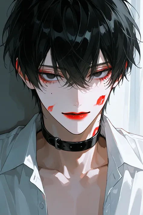 1male,adult,black hair,mole under eye,sexx,gloomy mood,white business shirt,Front-opening shirt,handsome,face close-up,open the collar,be in a frame,fair-skinned,ephemeral,listless,lazy,wearing red lipstick,lipstick mark on the cheek,dark mood