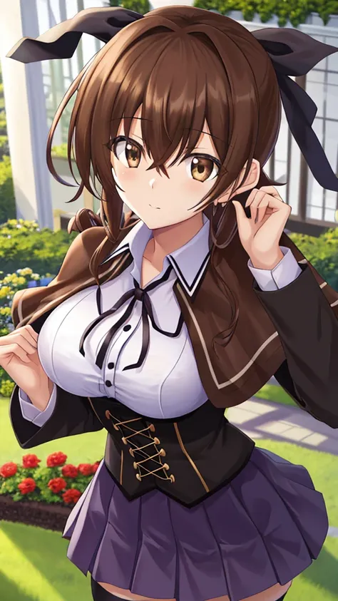 masterpiece, best quality, highres, looking at viewer, girl, solo, issei_hyoudou, brown hair, brown eyes, hair between eyes, large breasts, black capelet, black corset, collared shirt, kuoh academy school uniform, layered skirt, underbust, school uniform, ...