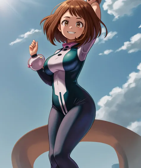 [ochako uraraka; Boku no hero academia], ((masterpiece)), ((HD)), ((high quality)), ((solo portrait)), ((front view)), ((full body)), ((anime)), ((Kohei Horikoshi)), ((detailed shading)), ((cel shading)), ((intricate details)), {ochako, (rosy cheeks), big ...