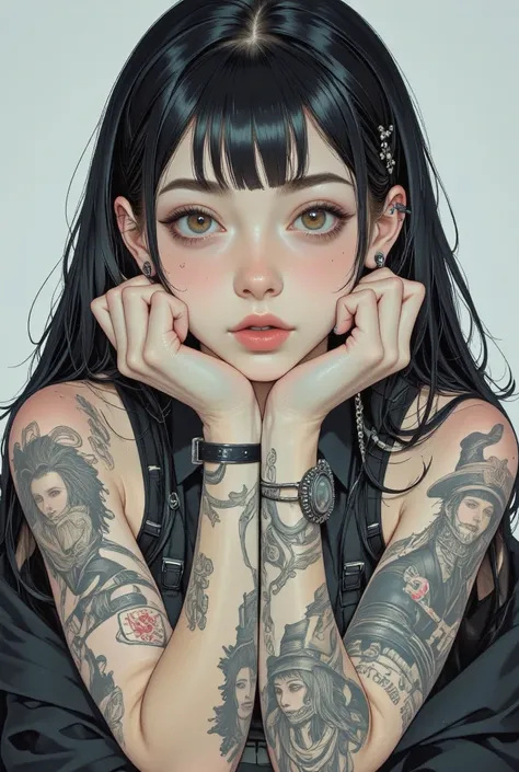  manga style:1.51,   anatomically accurate  :1.5,   close-up of a young woman with tattoos on her arm and left cheek,  眉に届くほどの長い black hair ,  Full body portrait， Light Eyes ,   surrealist pop  ,   looking at the Camera  ,    Japanese surrealism pop   ,   ...