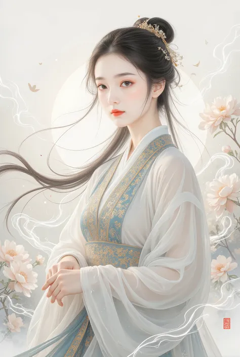 (Blind cool beautiful girl wearing white),Flowing sleeves,watery big eyes,Beautiful face and smooth fair skin,s delicate face,Flowing black hair,An ancient Chinese beauty,wearing ancient Chinese costume,Flowing tulle,Light shades,Light color,(clean backdro...