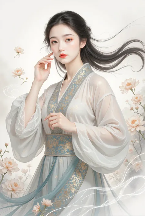 (Blind cool beautiful girl wearing white),Flowing sleeves,watery big eyes,Beautiful face and smooth fair skin,s delicate face,Flowing black hair,An ancient Chinese beauty,wearing ancient Chinese costume,Flowing tulle,Light shades,Light color,(clean backdro...