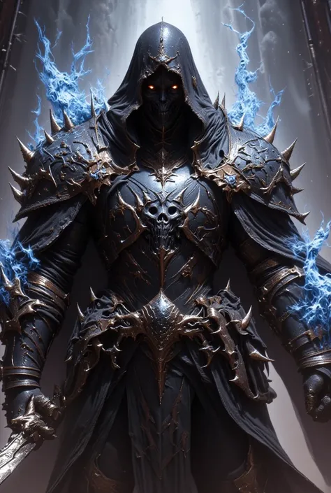 ha sang, 1boy, skull mask,armor, male focus, solo,weapon,sword,spikes,looking at viewer, blue_fire,c loak, hood up, holding, (masterpiece), (best quality), HDR, intricate detail,