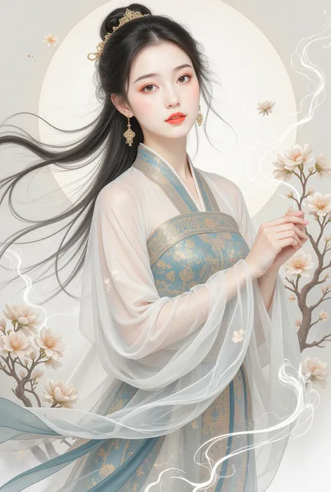 (Blind cool beautiful girl wearing white),Flowing sleeves,watery big eyes,Beautiful face and smooth fair skin,s delicate face,Flowing black hair,An ancient Chinese beauty,wearing ancient Chinese costume,Flowing tulle,Light shades,Light color,(clean backdro...