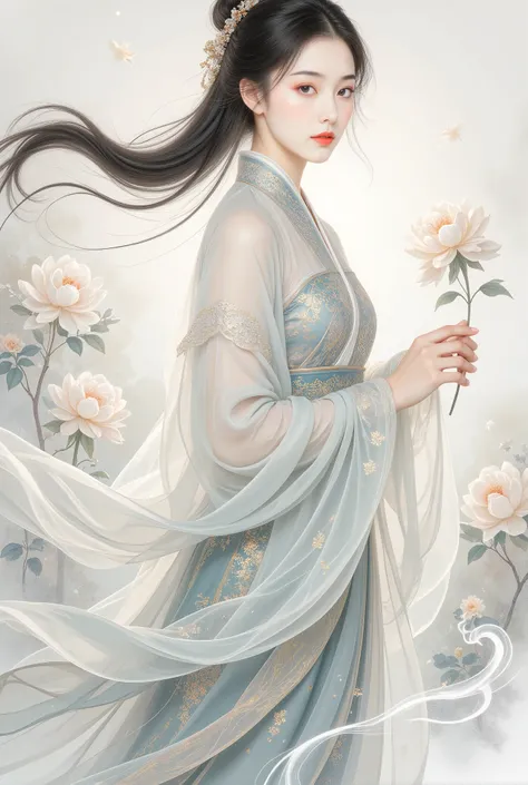 (Blind cool beautiful girl wearing white),Flowing sleeves,watery big eyes,Beautiful face and smooth fair skin,s delicate face,Flowing black hair,An ancient Chinese beauty,wearing ancient Chinese costume,Flowing tulle,Light shades,Light color,(clean backdro...