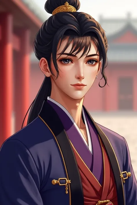 1 handsome Chinese guy. Hair curled back. Wears a crown of hair over his head . hazel eyes . handsome face .  A Royal Prince.  Wears luxurious silk hanfu collared with a black-purple color blend. The prince's oversize clothes. Showing off a hint of her cle...