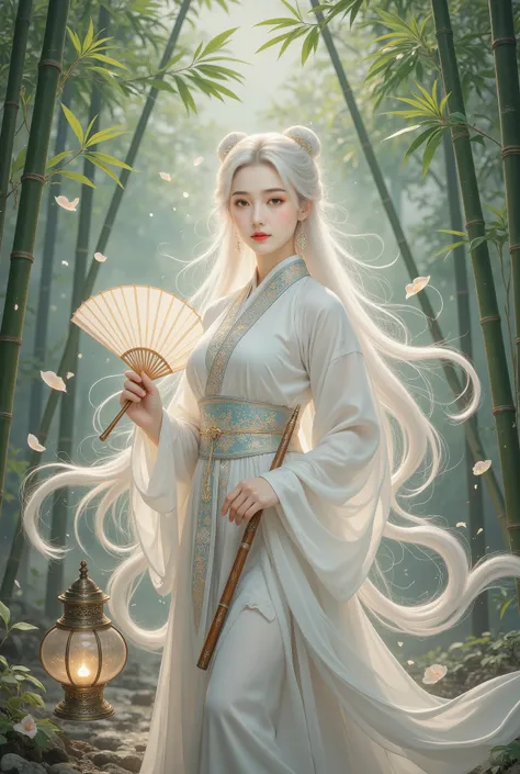 A beautiful girl in a bamboo forest, bamboo leaves falling softly, hazy atmosphere, long white hair, wearing a graceful white hanfu, alluring and elegant, holding a traditional oil-paper umbrella, carrying a lantern, holding a delicate folding fan, playing...