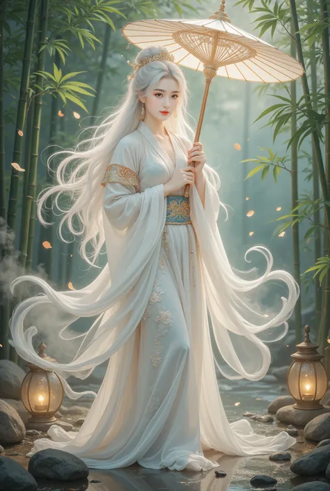 A beautiful girl in a bamboo forest, bamboo leaves falling softly, hazy atmosphere, long white hair, wearing a graceful white hanfu, alluring and elegant, holding a traditional oil-paper umbrella, carrying a lantern, holding a delicate folding fan, playing...