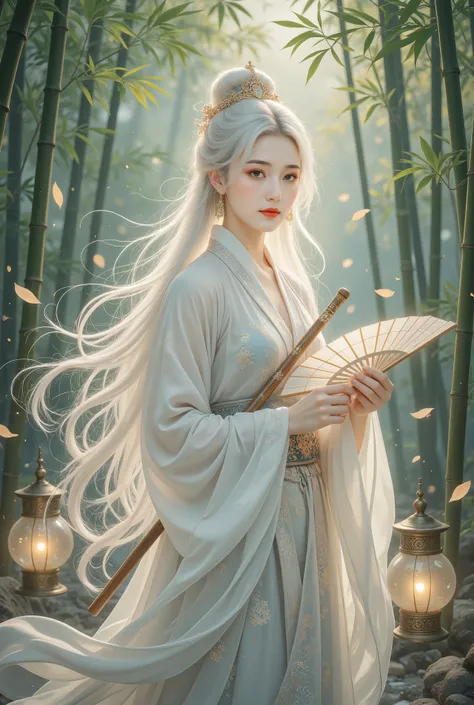 A beautiful girl in a bamboo forest, bamboo leaves falling softly, hazy atmosphere, long white hair, wearing a graceful white hanfu, alluring and elegant, holding a traditional oil-paper umbrella, carrying a lantern, holding a delicate folding fan, playing...