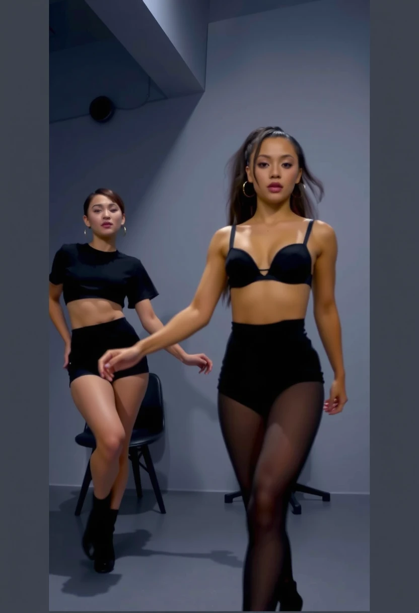 two women in lingersuits are walking in a room, youtube video screenshot, still from a music video, tinyest midriff ever, in a black betch bra, as though she is dancing, performing a music video, music video, other women dancing behind, bra and shorts stre...