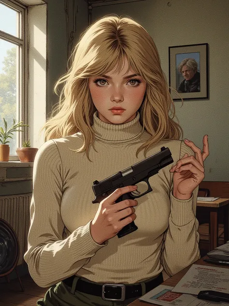  russian girl, about fifteen years old, with blond hair and brown eyes, in a beige turtleneck, he sits at a table and holds a small gun in the background a small window