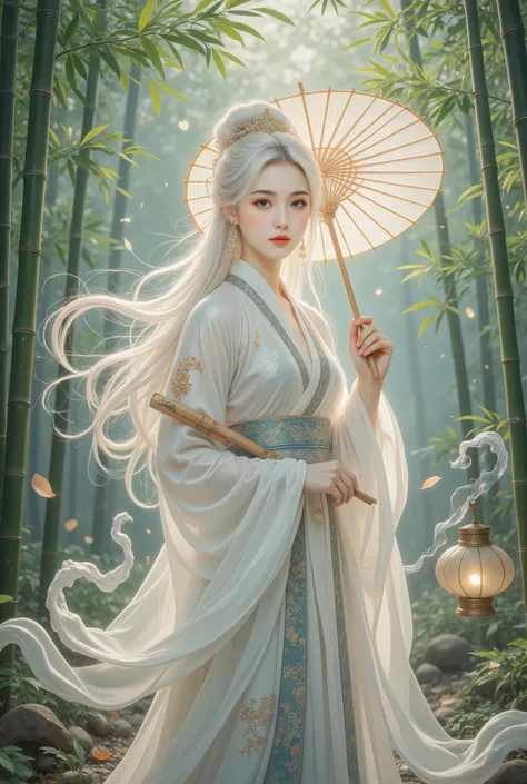 A beautiful girl in a bamboo forest, bamboo leaves falling softly, hazy atmosphere, long white hair, wearing a graceful white hanfu, alluring and elegant, holding a traditional oil-paper umbrella, carrying a lantern, holding a delicate folding fan, playing...
