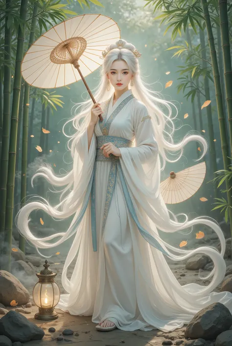 A beautiful girl in a bamboo forest, bamboo leaves falling softly, hazy atmosphere, long white hair, wearing a graceful white hanfu, alluring and elegant, holding a traditional oil-paper umbrella, carrying a lantern, holding a delicate folding fan, playing...