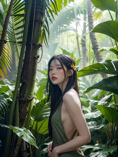 there are two people standing in a jungle with plants, artwork in the style of guweiz, inspired by Yanjun Cheng, in a tropical forest, by Yang J, in the art style of bowater, 🌺 cgsociety, loish and ross tran, in a jungle, by Ni Tian, by Ryan Yee, loish and...