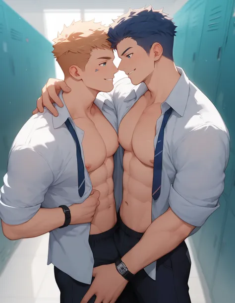 Yaoi,nsfw,score_9, score_8_up, score_7_up, score_6_up, score_5_up, score_4_up,2boy, only male, difference age,youngsters,handsome face, detail face,eye contact, masterpiece, quality, school, in locker room, anime rugby, opening uniform, show all face, nice...