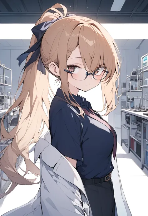 Female + hazel hair + ponytail hairstyle + hazel eyes + bags under eyes + glasses + lab coat + dark blue dress shirt + black trousers + solo + laboratory background 