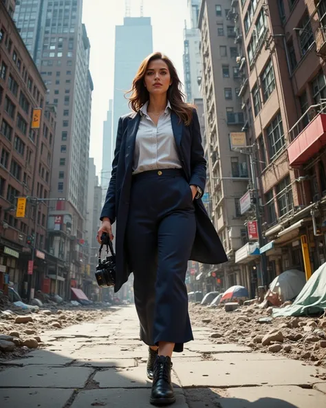 cinematic portrait of Lois Lane donning an Formal Office suite, carrying Mirrorless Camera,  walks in a Dystopian New York city broken sidewalk, taking journalism photos, Skyscrapers Building, cluttered alley, homeless tents, sensuous smirk, intricate, fru...