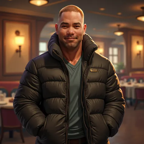  face close-up，A muscular bald young male wearing a down jacket and pants， Hands in Pockets ，, the corners of the mouth are raised，The background is the Disney World commissary，